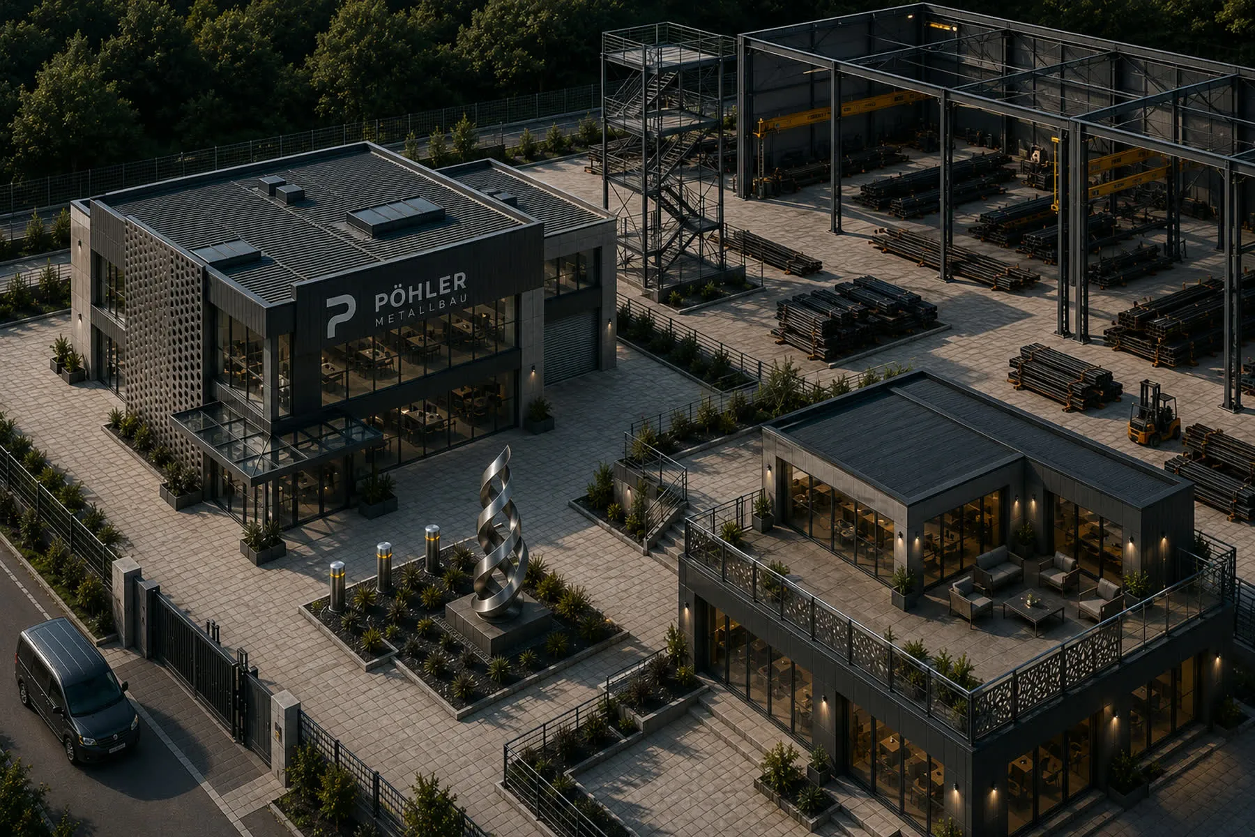 Pöhler-Werkshof in der Vogelperspektive — Bürogebäude mit perforierter Metallfassade, Stahltreppenturm, Werkshalle, Eingangstor und Skulptur mit Rammschutzpollern